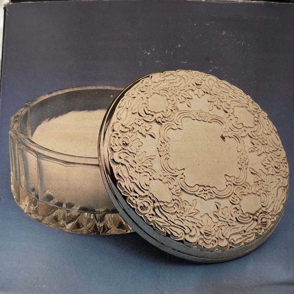 NIB Vintage Silver Plated Mirror and Glass Puff Container Never Been Used Silver